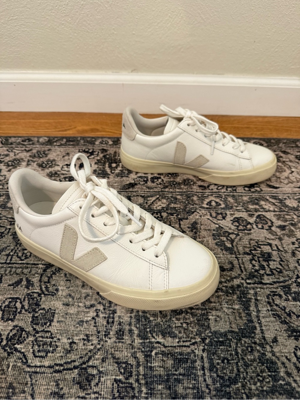 Veja Size 37 / 6 Campo White Leather Sneakers with Cream V Emblem